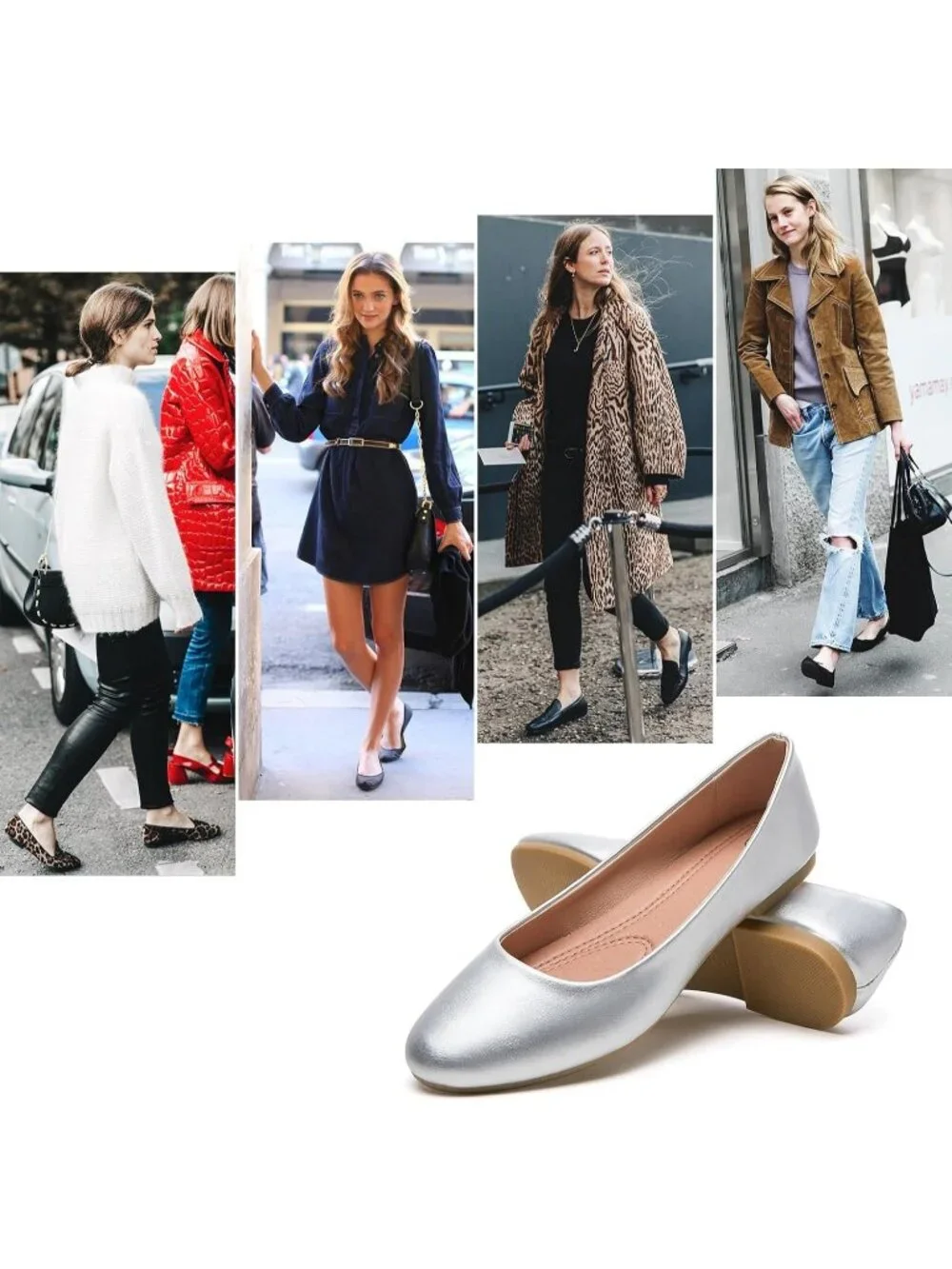 Women's Silver PU Leather Closed Toe Comfortable Flexible Slip On Ballet Flats